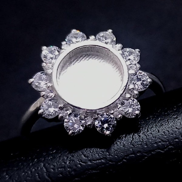 925 Sterling Solid Silver 8mm Round Sunflower Ring with Zircon,Good for Resin & Ashes Work. Any Color Zircon Avaiable.