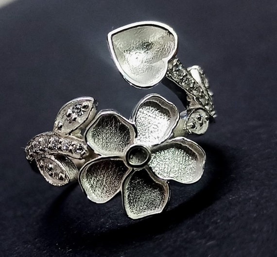 13mm Flower Shape Blank Bezel With Zircon on Band Ring,925 13mm Flower Shape Blank Bezel With Zircon on Band Ring,925
