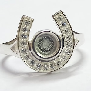 Lucky Horse Shoe with 5mm Blank Round and Zircon Ring,925 Sterling Silver Rings, Good for Resin & Ashes Work. Any Color Zircon Available.