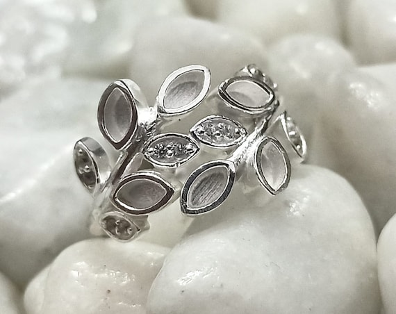 925 Sterling Solid Silver 2x4mm Leaf design Blank Bezel with Zircon Ring,Not adjustable,Good for Resin & Ashes Work. Zircon Colors available