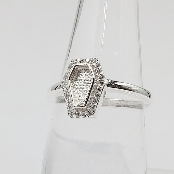 925 Sterling Solid Silver 4x8mm Coffin shape Blank Bezel Ring with zircon, Good for Resin Work. All color zircon available.