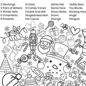 Peut inclure: Illustration en noir et blanc d'objets sur le thème de Noël. Comprend des bas, des mitaines, des chapeaux, des ornements, des cadeaux, des étoiles, des cannes en bonbon, des biscuits et du lait, un bonhomme en pain d'épices, du chocolat chaud, un chapeau de Père Noël, un visage de Père Noël, une boule à neige, un gland, une orange, un ours en peluche, des blocs de jouets, un cheval à bascule, un ange et un pingouin.