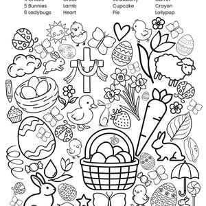 May include: Black and white line art illustration with Easter symbols. Depicts a basket of eggs, bunnies, chicks, butterflies, decorated eggs, a cross, and other spring motifs. Text lists items to find.