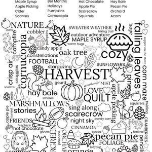 May include: A black and white word search puzzle titled FIND THE HIDDEN WORDS, featuring a dense grid of autumn-themed terms like HARVEST, COZY, and QUILT, interspersed with line art illustrations of pumpkins, leaves, squirrels, and pies.