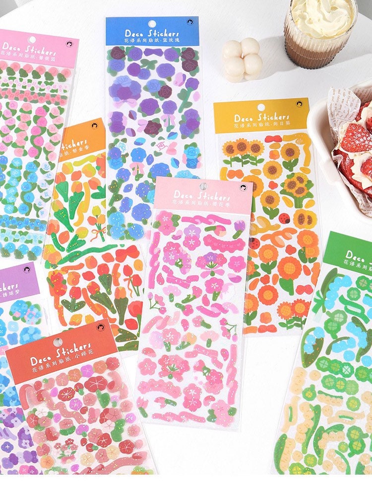 holographic kawaii korean style sticker sheet flower lily ribbon confetti sticker waterproof toploader polco journal planner deco