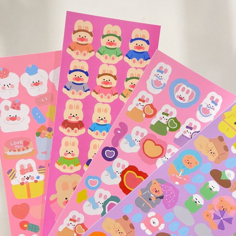 Clear Sticker Sheets Kawaii Stickers, Planner Stickers, Random Sticker  Packs, Bear and Bunny, Korean Stickers, Sticker Sheets, Deco 