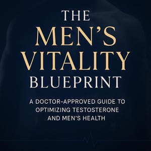 May include: A book cover with the title "THE MEN'S VITALITY BLUEPRINT" in gold lettering. The cover also includes the text "A DOCTOR-APPROVED GUIDE TO OPTIMIZING TESTOSTERONE AND MEN'S HEALTH" and the "Dr. G CLINICS" logo.