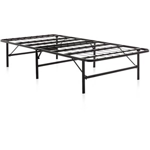 May include: Black metal bed frame with a slatted design. The frame is made of sturdy metal and has a simple, modern design.