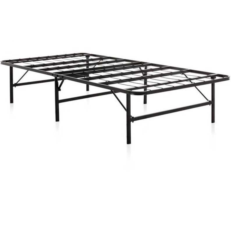 May include: Black metal bed frame with a slatted design. The frame is made of sturdy metal and has a simple, modern design.