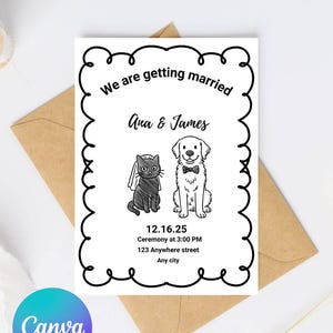 Hochzeitseinladung Canva Vorlage | Schwarze Katze und Golden Retriever | Bearbeitbare und druckbare digitale Einladung | DIY Hochzeitseinladung Katze und Hund