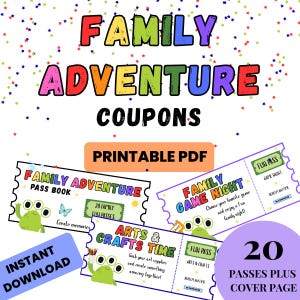 Livro de Cupons para Crianças, Livro de Passes de Aventura em Família, 20 Passes Divertidos, PDF para Imprimir (Download Digital)