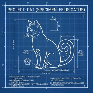 Cat Blueprint Schematic - "Project Cat" Technical Drawing Sticker (4x4 inches)
