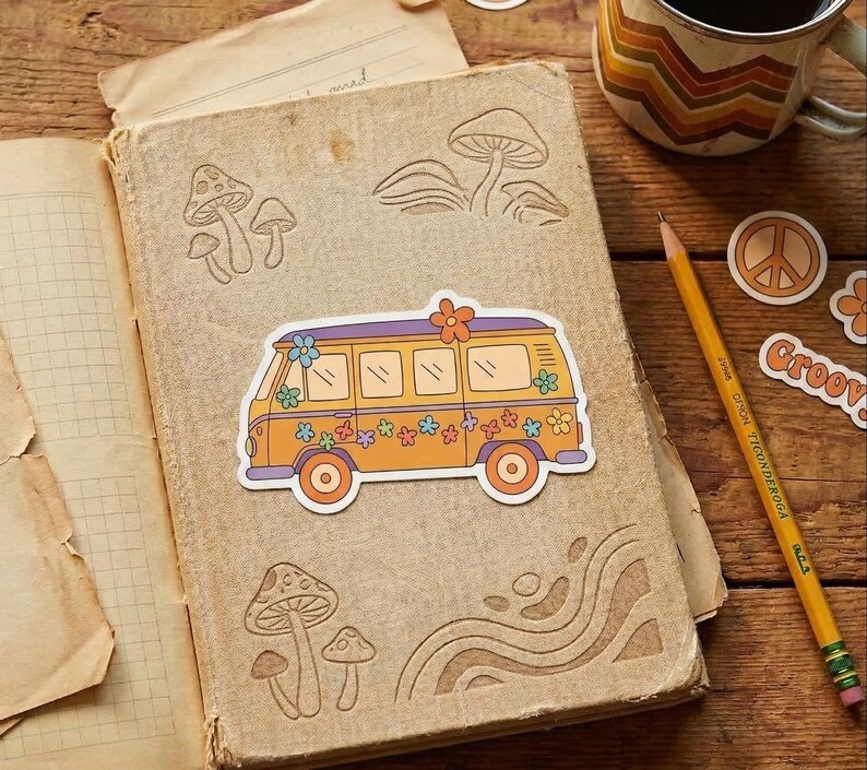 Retro 70s Flower Power Van Sticker – Hippie Bus Vinyl Decal (3x2 Inches ...