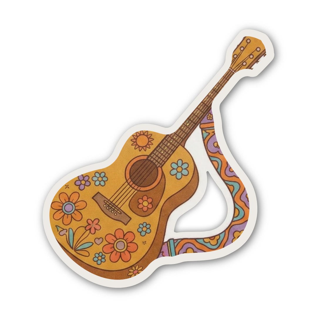 Retro Floral Acoustic Guitar Sticker – Groovy 70s Bohemian Vinyl Decal ...