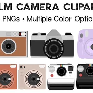 May include: A set of 24 digital clipart images of film cameras in various colors and styles. The images include a vintage camera, a modern camera, and an instant camera. The cameras are all in a flat, cartoon style.