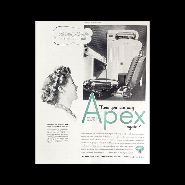 1946 Apex Streamliner Washer Magazine Ad, Antique Household Appliances Decor