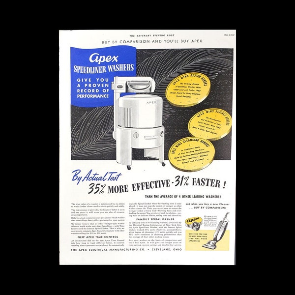 1941 Apex Streamliner Washer Magazine Ad, Wringer Washer Appliances, Washing Machine