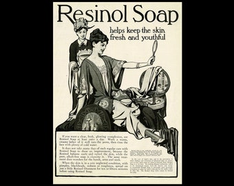 1915 Resinol Soap Beauty RARE Magazine Ad, Makeup Vanity Decor