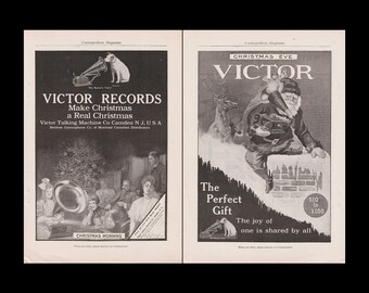 RARE 1906 Victor Victrola Talking Machine " Christmas Eve Christmas Morning" Magazine Print Ad, Double Page