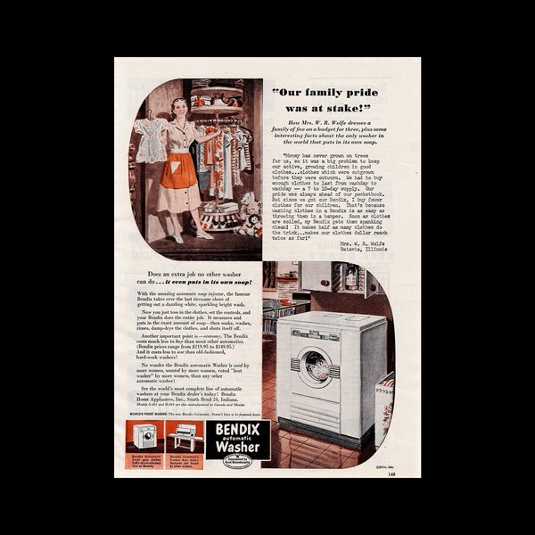 1948 Bendix Automatic Washer Magazine Ad, Laundry Room Decor
