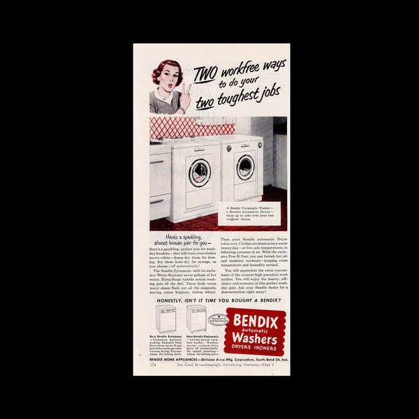1940s Retro Bendix Automatic Washer Magazine Ad, Wringer Washer, Washing Machine