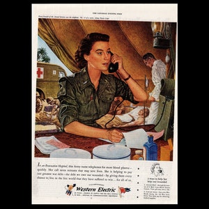 1944 Western Electric Wartime WWII Telephone Magazine Ad, Army Nurse