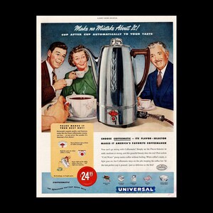 1949 Coffeematic Magazine Ad, Retro Kitchen Décor Coffee Bar, Universal Coffee Pot