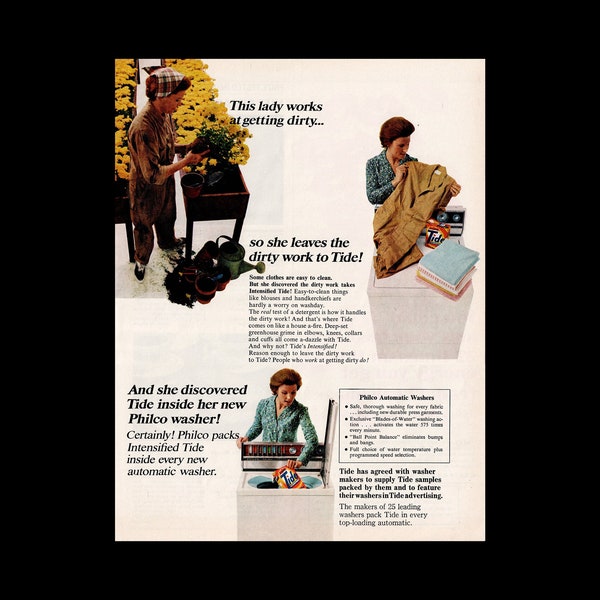 1967 Tide Proctor & Gamble Detergent Retro Magazine Ad, Laundry Room Decor, Gardening Decor