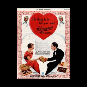 1934 Whitman&#39;s Chocolate Candy Sampler Magazine Ad, Valentine&#39;s Day