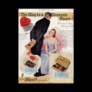 1939 Whitman&#39;s Sampler Candy Heart Magazine Ad, Valentine&#39;s Day