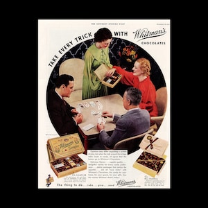 1935 Whitman&#39;s Chocolates Candy Sampler &quot;Game Night&quot;  Magazine Ad, Valentine&#39;s Day