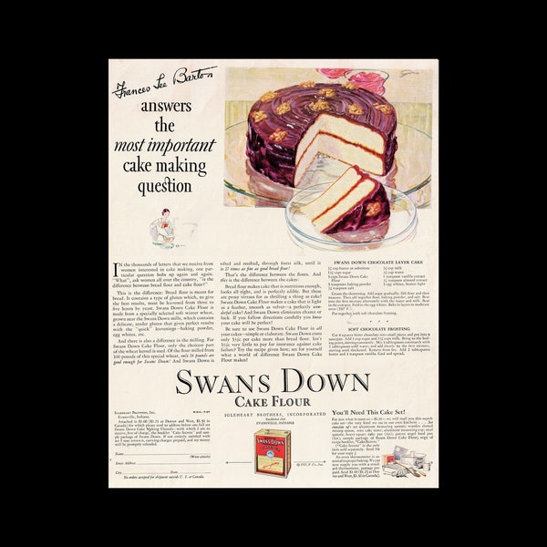 1927 Swan's Down Cake Flour Magazine Ad, Recipes Included In Ad