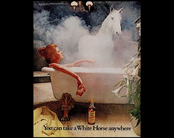 1972 White Horse Whiskey "Clawfoot Tub" Original Magazine Ad, Bathing Beauty