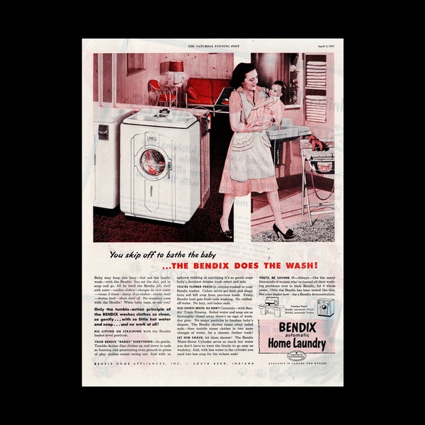 1947 Bendix Automatic Washer Magazine Ad, Laundry Room Decor