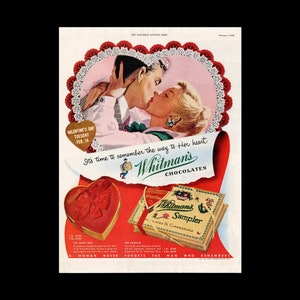 1950 Whitman&#39;s Chocolate Candy Sampler Magazine Ad, Valentine&#39;s Day Kissing Art