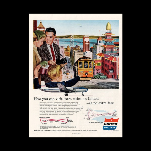 Vintage 1954 United Airlines San Francisco Magazine Ad, Golden Gate Bridge, Presidio Ave