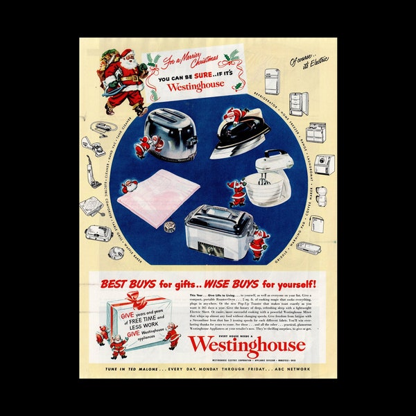 1949 Westinghouse Christmas Holiday Magazine Ad, Santa Claus Appliances