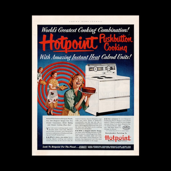 1952 Hotpoint Electric Range/Stove Magazine Ad, Retro Kitchen Appliances