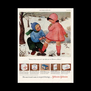 1951 Johnson & Johnson &quot;Winter Playtime&quot; First Aid Supplies Magazine Ad Artwork By Gladys Rockmore Davis