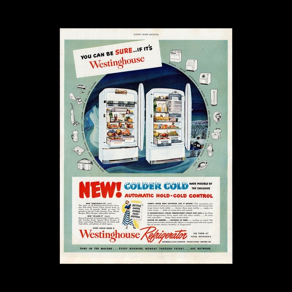 Retro 1949 Westinghouse Refrigerator Appliances Magazine Ad