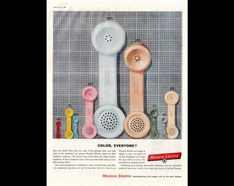 1960 Western Electric Telephone Magazine Ad, Pink Blue Yellow Red Beige Green Phone Color Choice