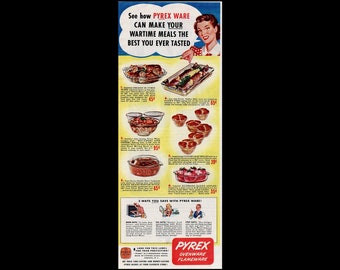 1943 Pyrex Ware "Wartime Meals" Corning Glass Works Magazine Ad, WWII