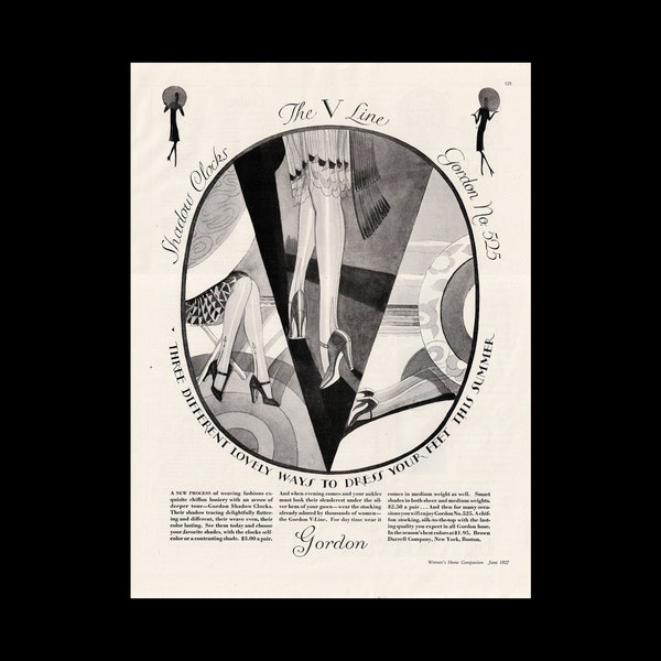 RARE 1927 Gordon Shadow Clocks V-Line Chiffon Hosiery Fashion Magazine Artwork