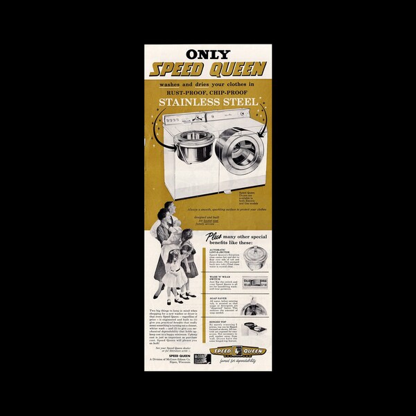 1960 Speed Queen Washer Dryer Magazine Ad, Washing MachineLaundry Room Decor