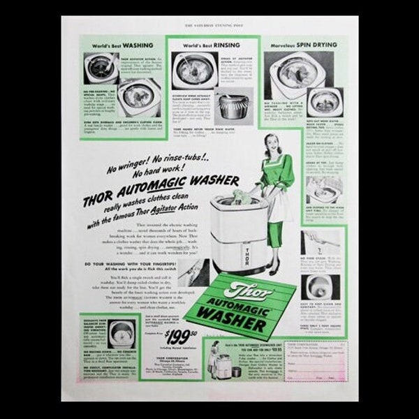 1948 Thor Automagic Washer Retro Magazine Ad, Washing Machine