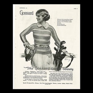 May include: A black and white illustration of a woman in a striped sweater and skirt holding a golf club and bag. The text "The Gossard Line of Beauty" is printed below the image.