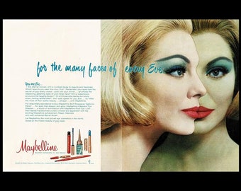 1960s Maybelline Cosmetics Beauty Magazine Ad, Retro Blue Eyeshadow