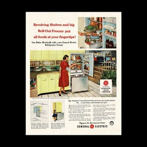 1958 General Electric G.E. Automatic Yellow Refrigerator Retro Magazine Ad, Household Appliances, Blue Pyrex image 1