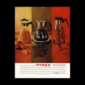 May include: Three glass pitchers with lids and handles. The pitcher on the left is orange, the middle pitcher is black with a green base, and the pitcher on the right is red with a gold lid. The text "PYREX WARE" is printed in black on a white background at the bottom of the image.