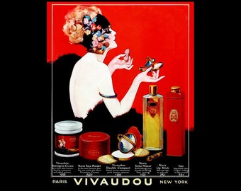 1920s Art Deco Beauty Vivadou Mavis Cosmetics Poster Art Print, 20s Red Flapper Fashion